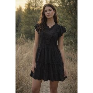 House of Harlow 1960 XS Black Eyelet‎ Lace Ruffle Neck Short Sleeve Dress